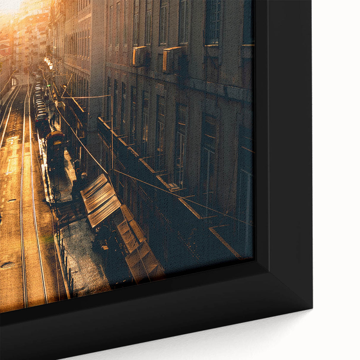 Extra large framed canvas of Stockholm scenery in black with colorful, textured art accents, ideal for living room decor.