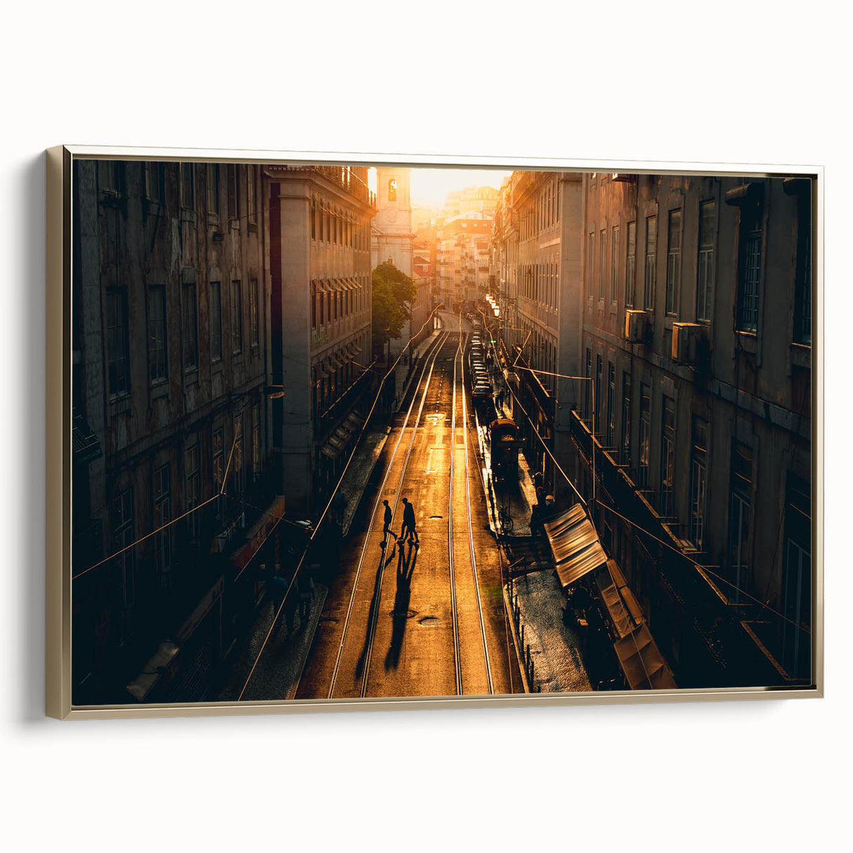 Framed canvas of a vintage Stockholm landscape in black and gold tones, ideal for bedroom wall art.