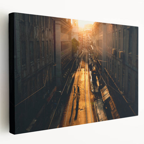 Side view of a stretched canvas featuring a realistic depiction of Stockholm’s cityscape in muted earth tones.