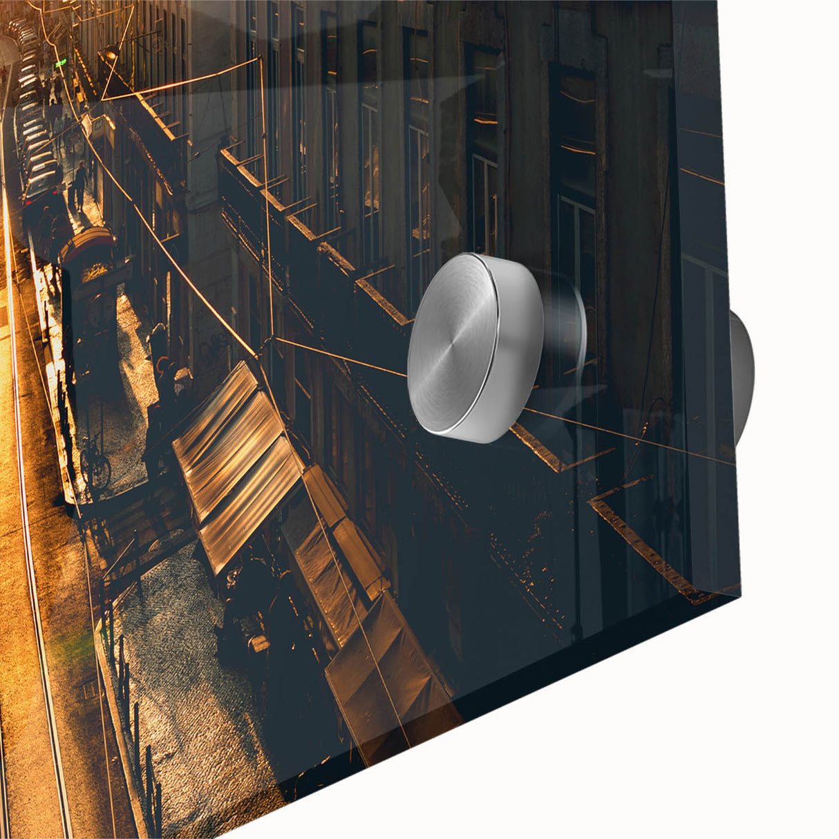 Mid-century modernist Stockholm scenery in muted blue and gray tones on acrylic glass, ideal for dining room art.