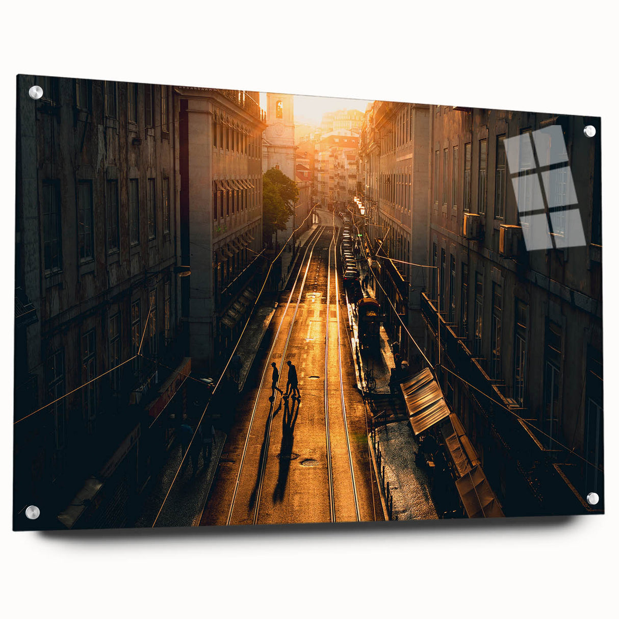 Acrylic print of Stockholm skyline in muted blue and gray tones, suitable for bedroom or dining room decor.