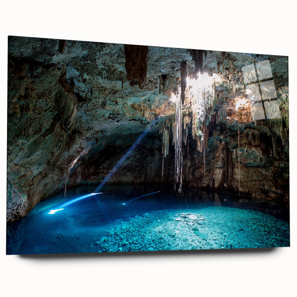 Large abstract wall art depicting a Yucatan scenery in vibrant hues on acrylic glass.