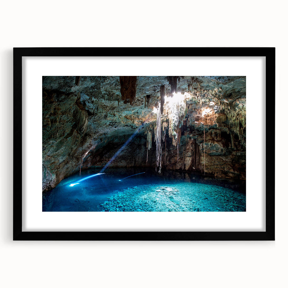 Extra large abstract art print depicting a vibrant, colorful Yucatan scenery on a textured canvas, framed in black.