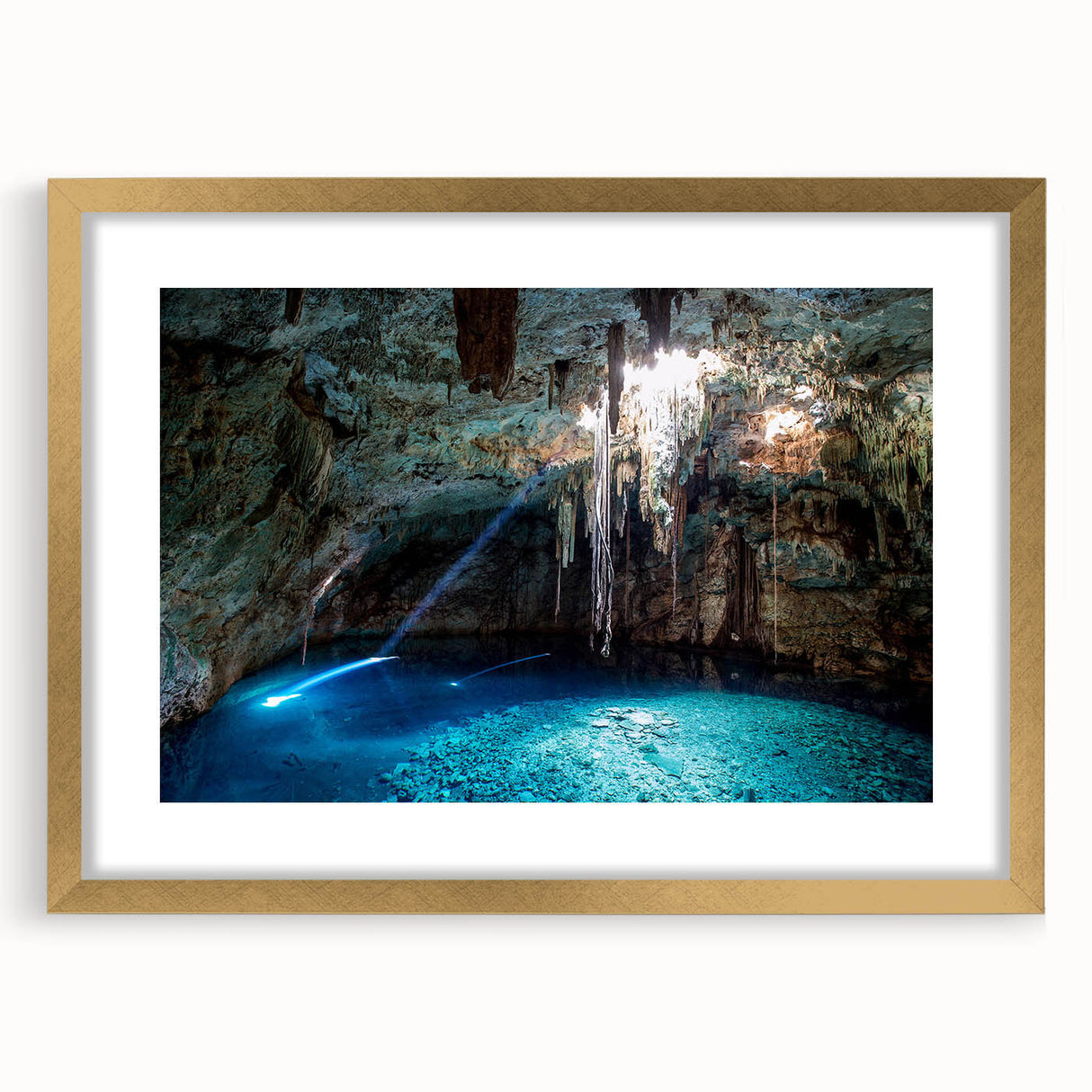 Extra large abstract art print featuring textured scenery of Yucatán, Mexico, in muted earth tones, framed in gold.