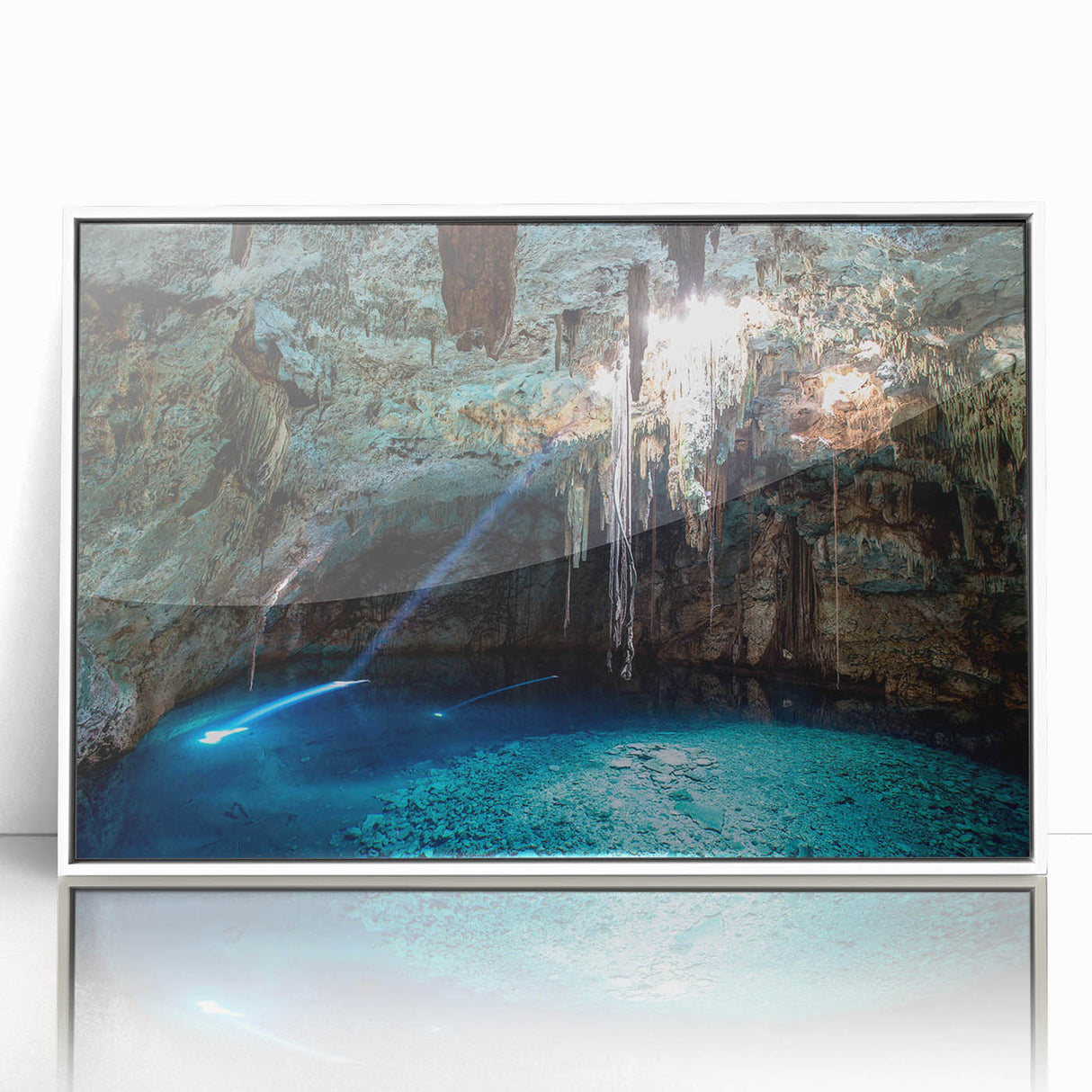 Acrylic print of Yucatan scenery with vibrant greens and blues in an art deco style, ideal for modern nursery wall art.