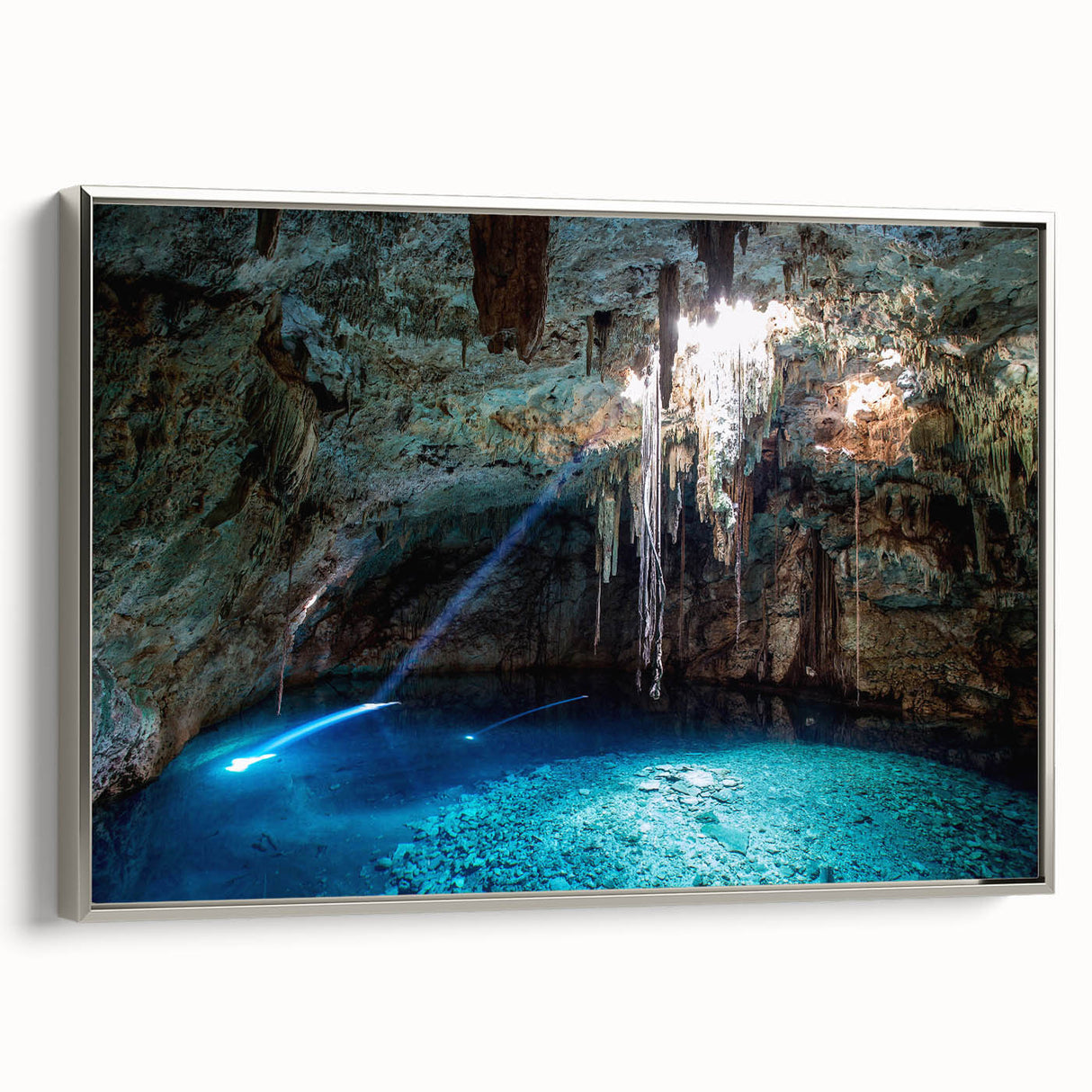 Framed canvas depicting a vintage-style Mexican Yucatan landscape, with vibrant colors and black accents.