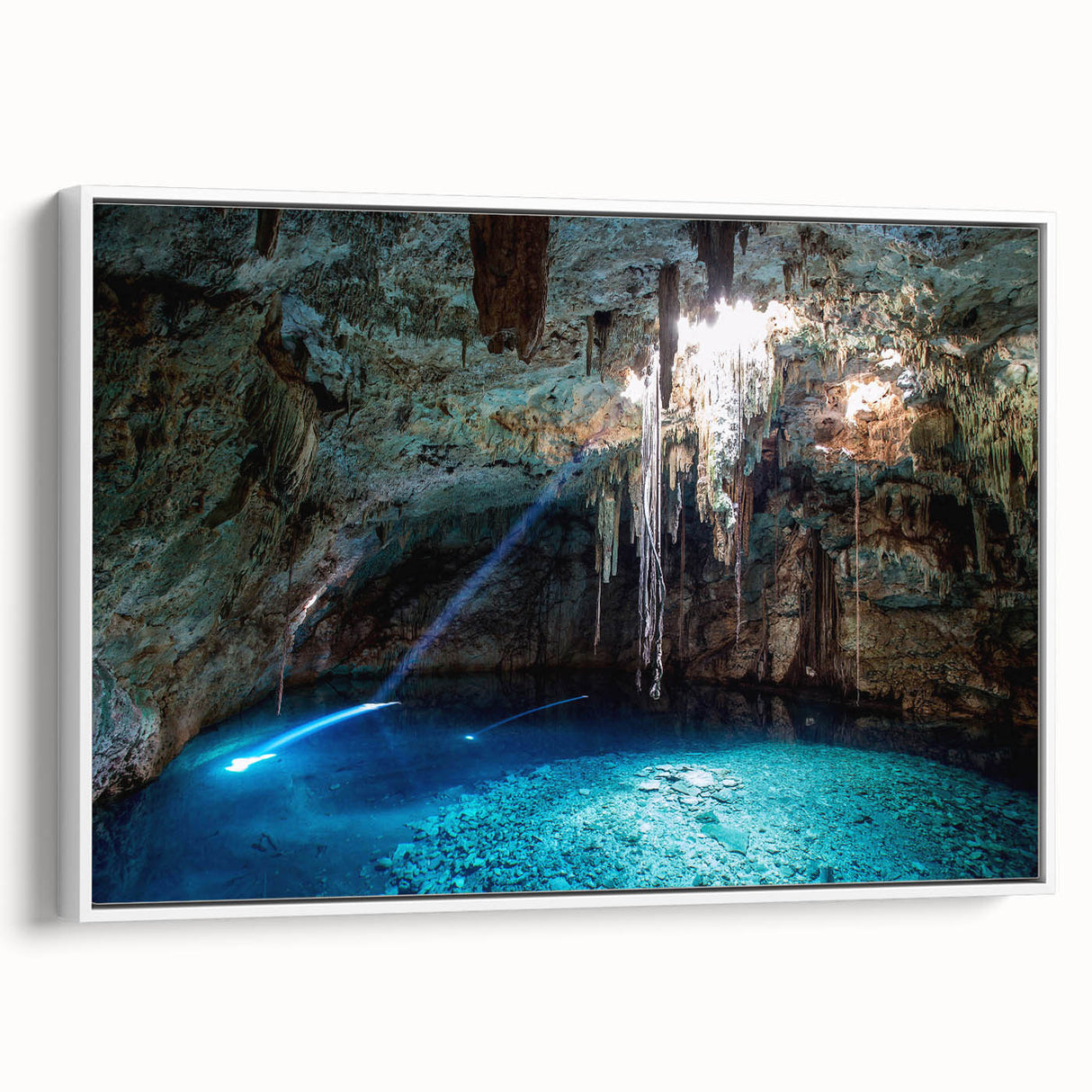 Vintage poster art featuring a colorful Yucatan scenery on a large framed canvas, ideal for living room decor.
