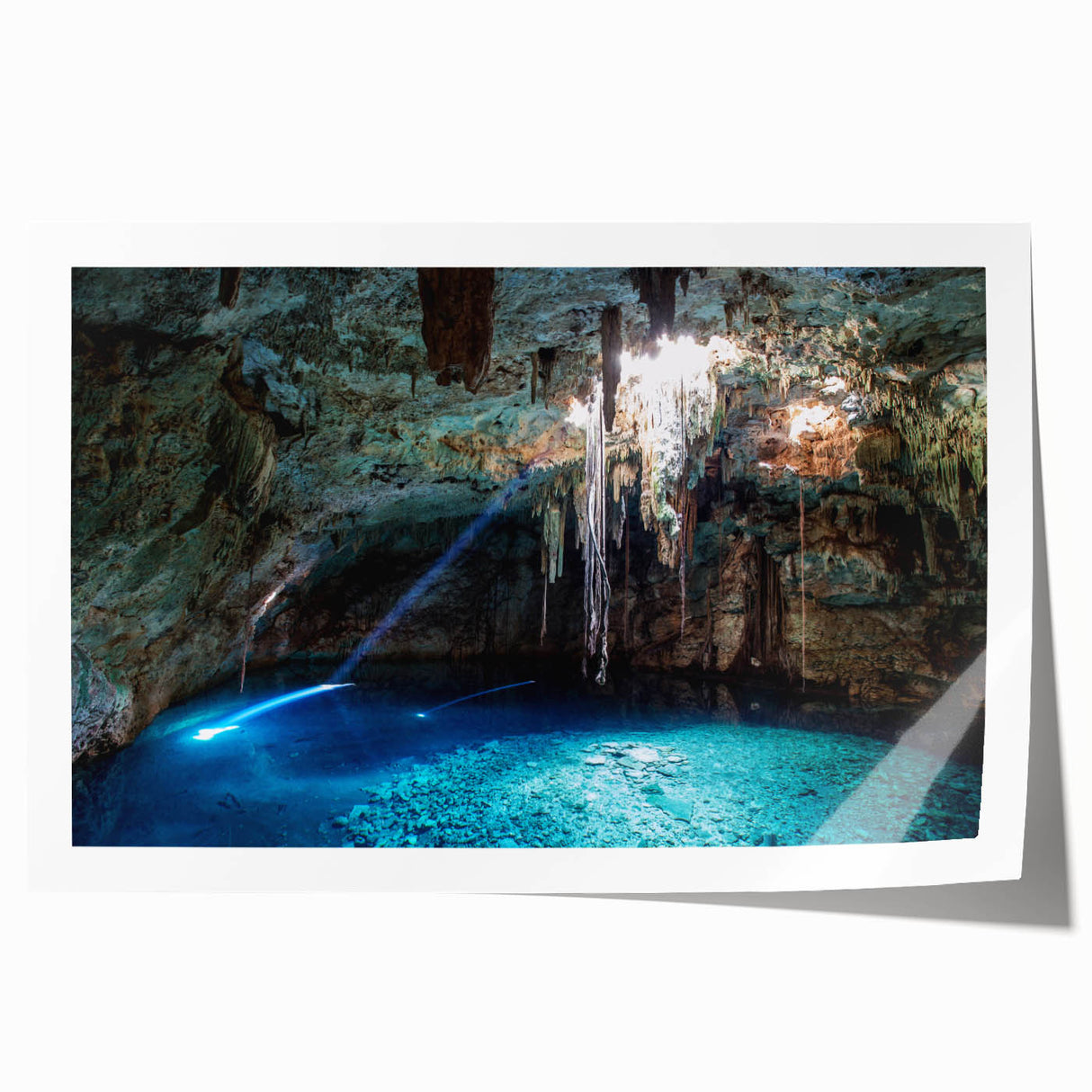 Extra large rolled print of Yucatán scenery with vibrant green and blue floral elements.