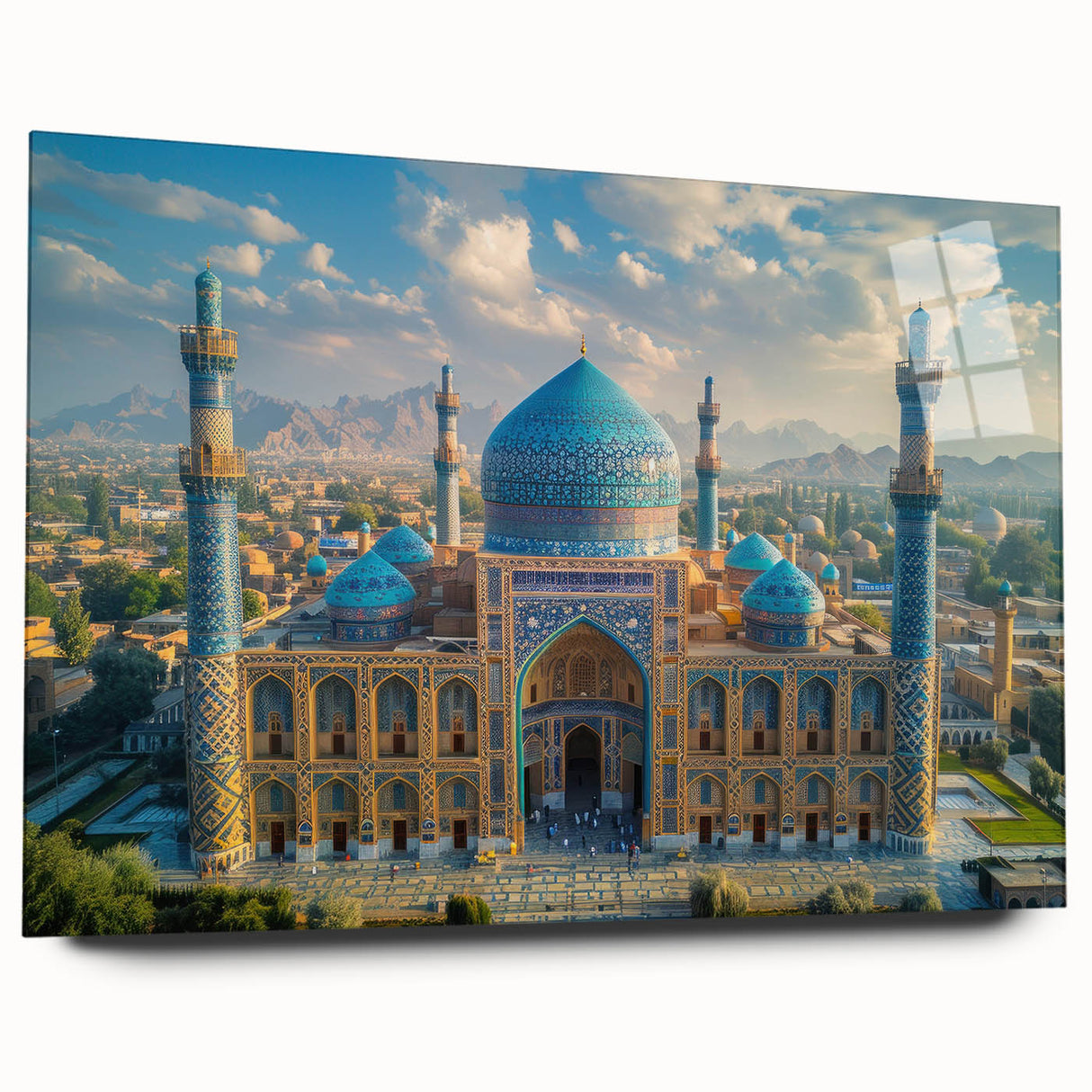 Large abstract wall art depicting a Middle Eastern scenery in muted earth tones, printed on acrylic glass.