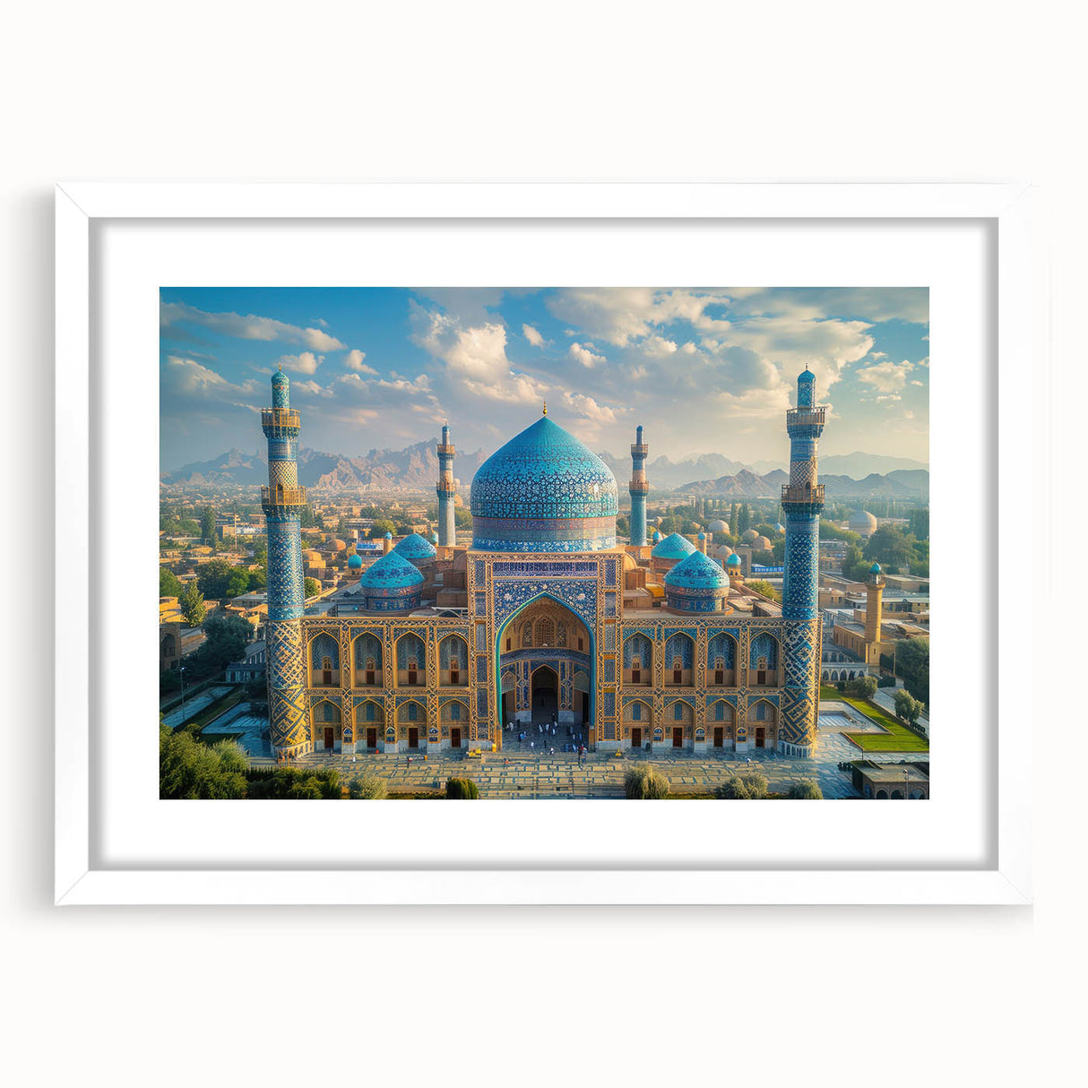 Abstract art print depicting a Middle Eastern landscape in muted earth tones on a framed white mat.