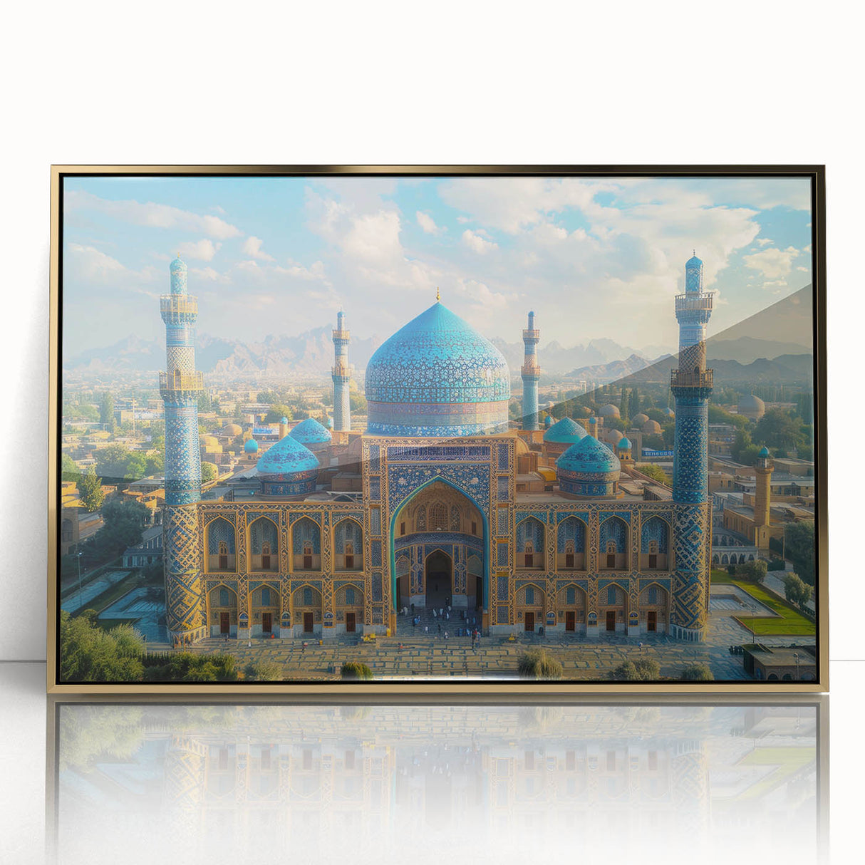 Large art print of a Middle Eastern landscape in gold and blue tones on framed acrylic, ideal for modern art wall decor.