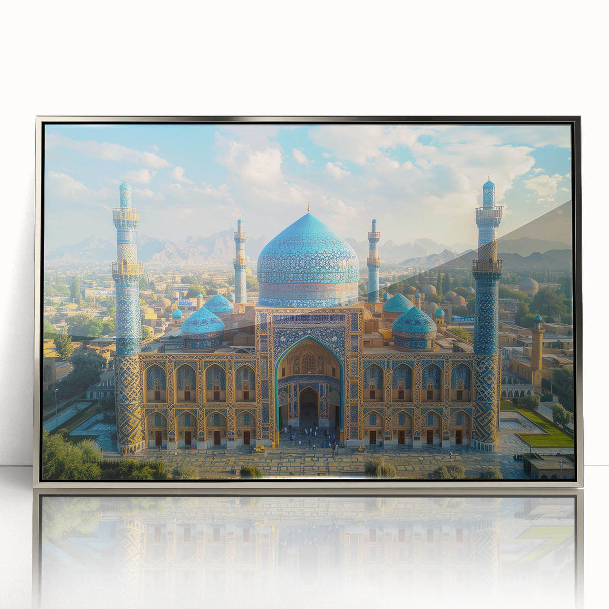 Mid-century modernist art depicting a serene Middle Eastern landscape in muted earth tones, framed in silver acrylic.