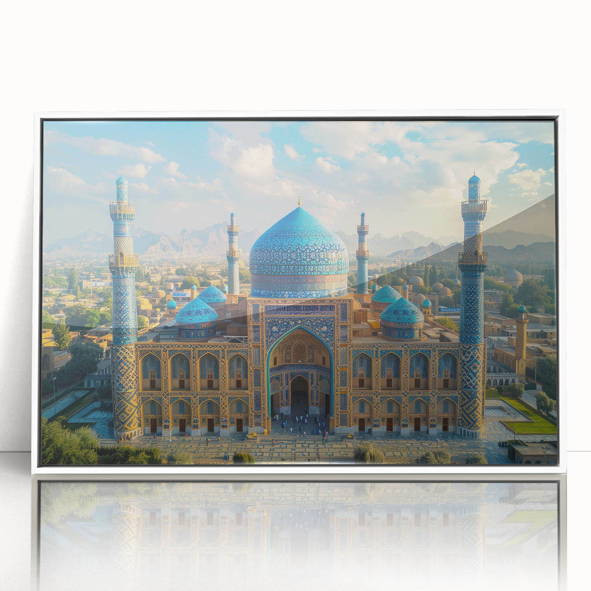 Acrylic print of a Middle Eastern landscape in pastel shades, framed in white, suitable for modern nursery decor.