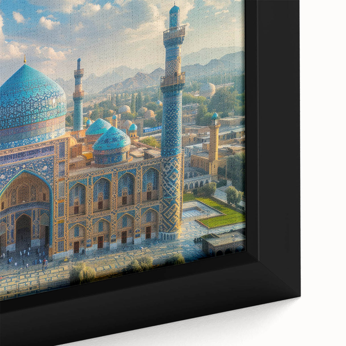 Extra large framed canvas depicting a textured, colorful Middle Eastern scene, ideal for living room decor.