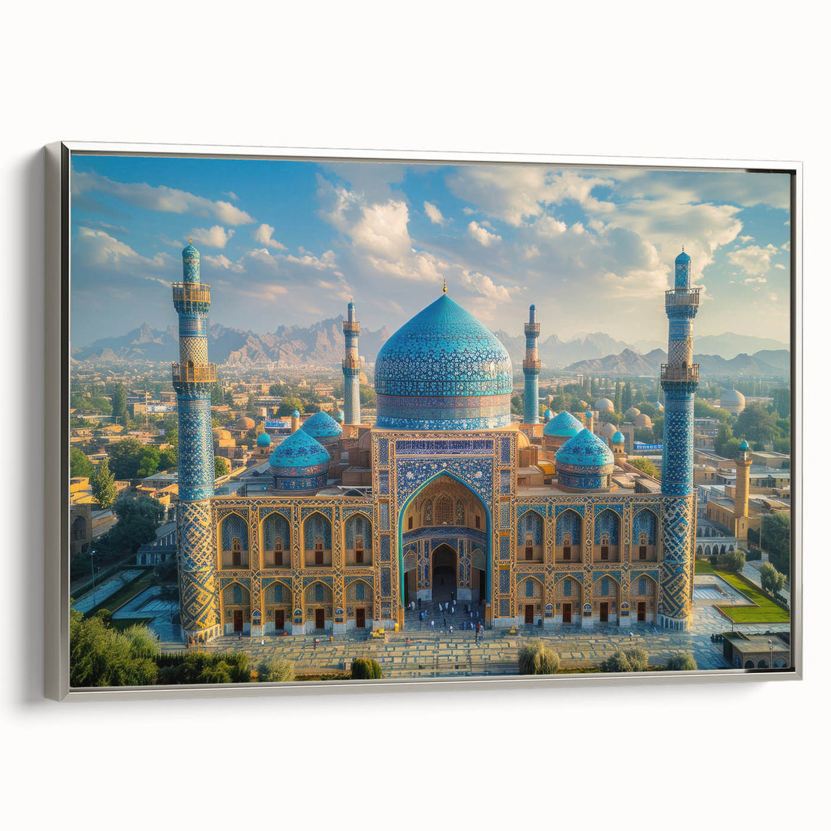 Framed canvas landscape art paintings depicting a serene Middle Eastern scenery in vibrant colors.