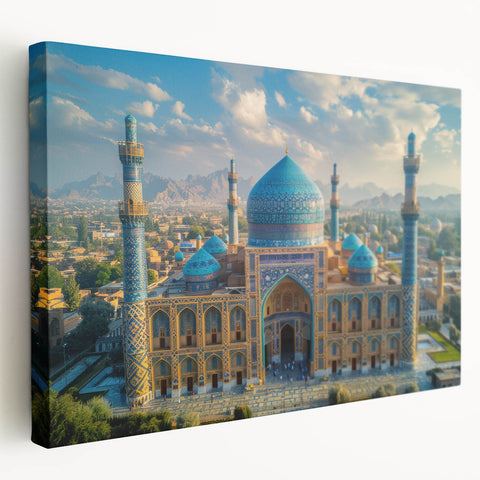 Side view of a stretched canvas depicting a middle-eastern Afghan scenery in earthy tones, ideal for kitchen wall art.