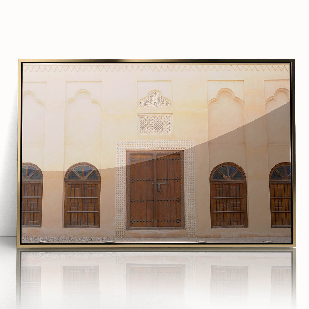 Acrylic print of Dubai skyline in gold tones, framed, ideal for modern art wall decor.