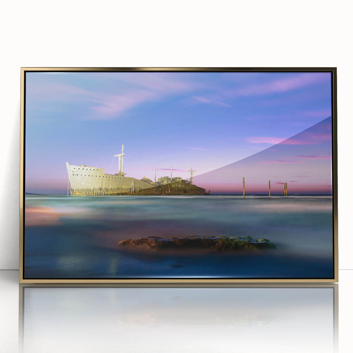 Large art print of a mid-century modernist Iranian scenery in gold tones on framed acrylic, suited for nursery wall decor.