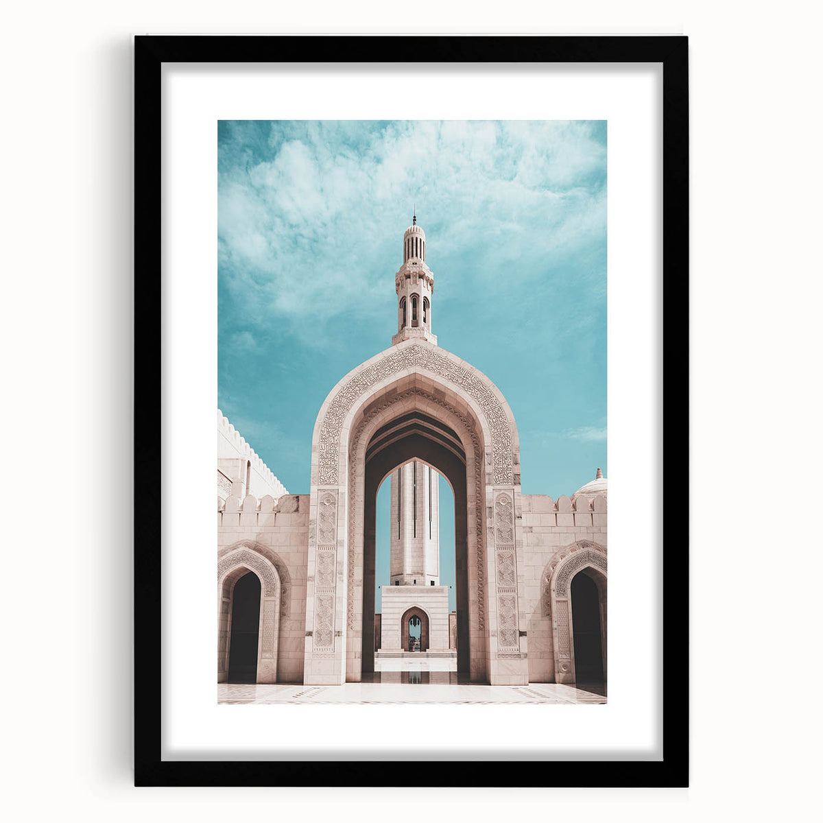Colorful abstract art print of a Middle Eastern scenery in a black frame, ideal for living room decor.