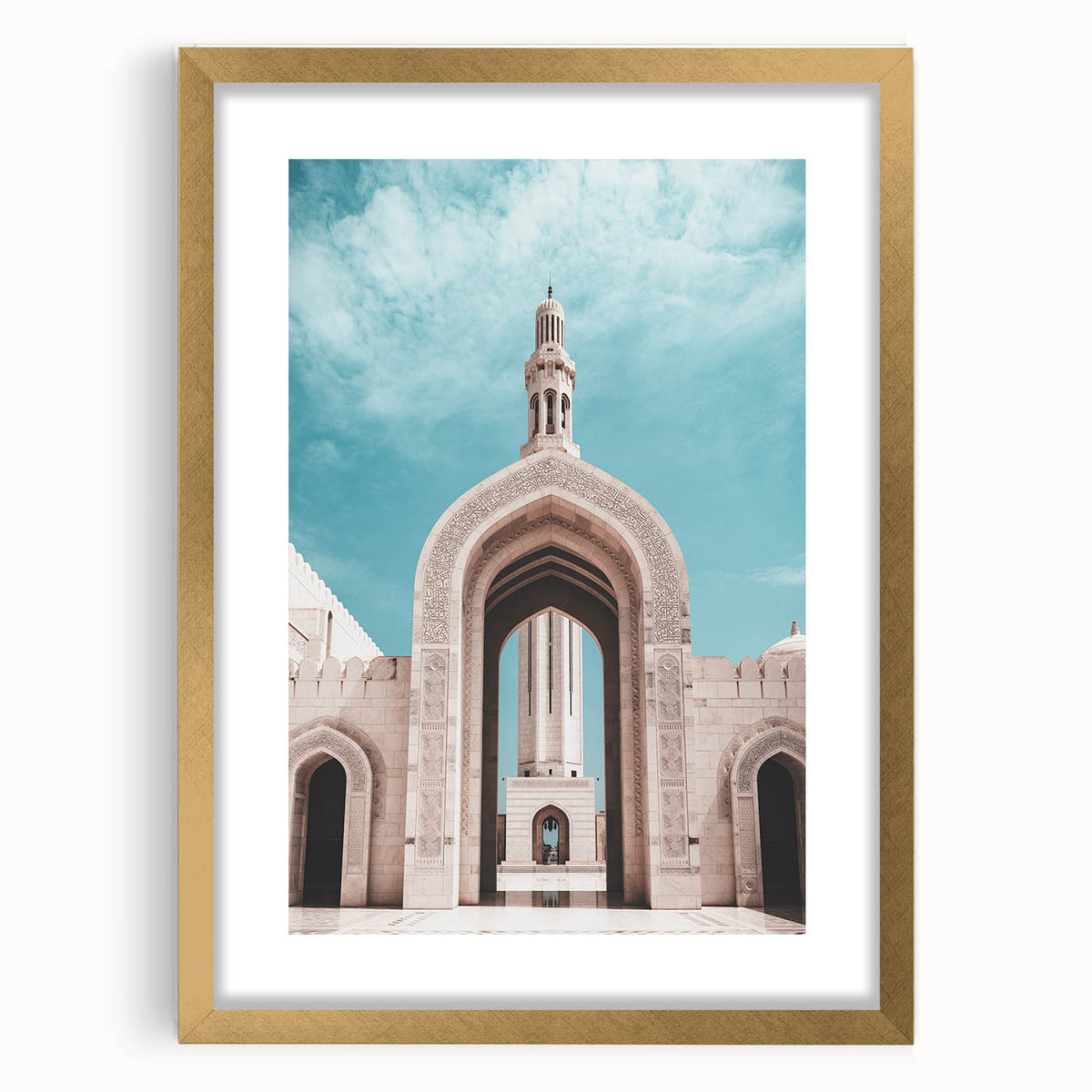 Extra large abstract art print of Middle Eastern scenery in gold frame, ideal for living room decor.