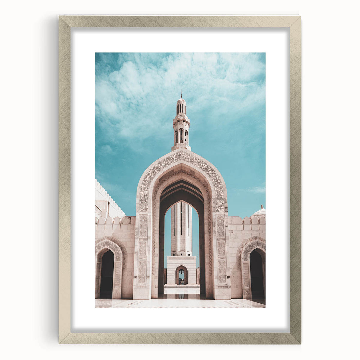 Textured abstract art print depicting a Middle Eastern landscape, in muted earth tones on a framed silver mat.