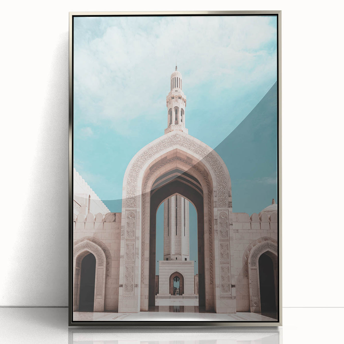 Mid-century modernist art depicting a Middle Eastern landscape in muted earth tones on a framed acrylic print.