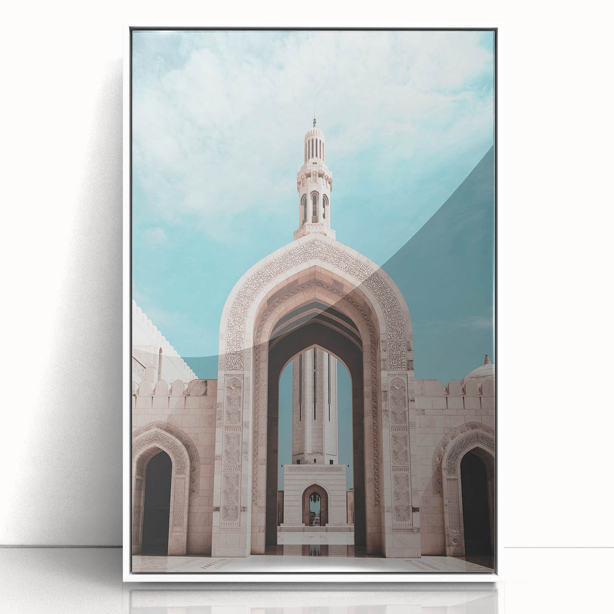 Acrylic print of a Middle-Eastern landscape in muted earth tones, framed in white, suitable as modern art wall decor.