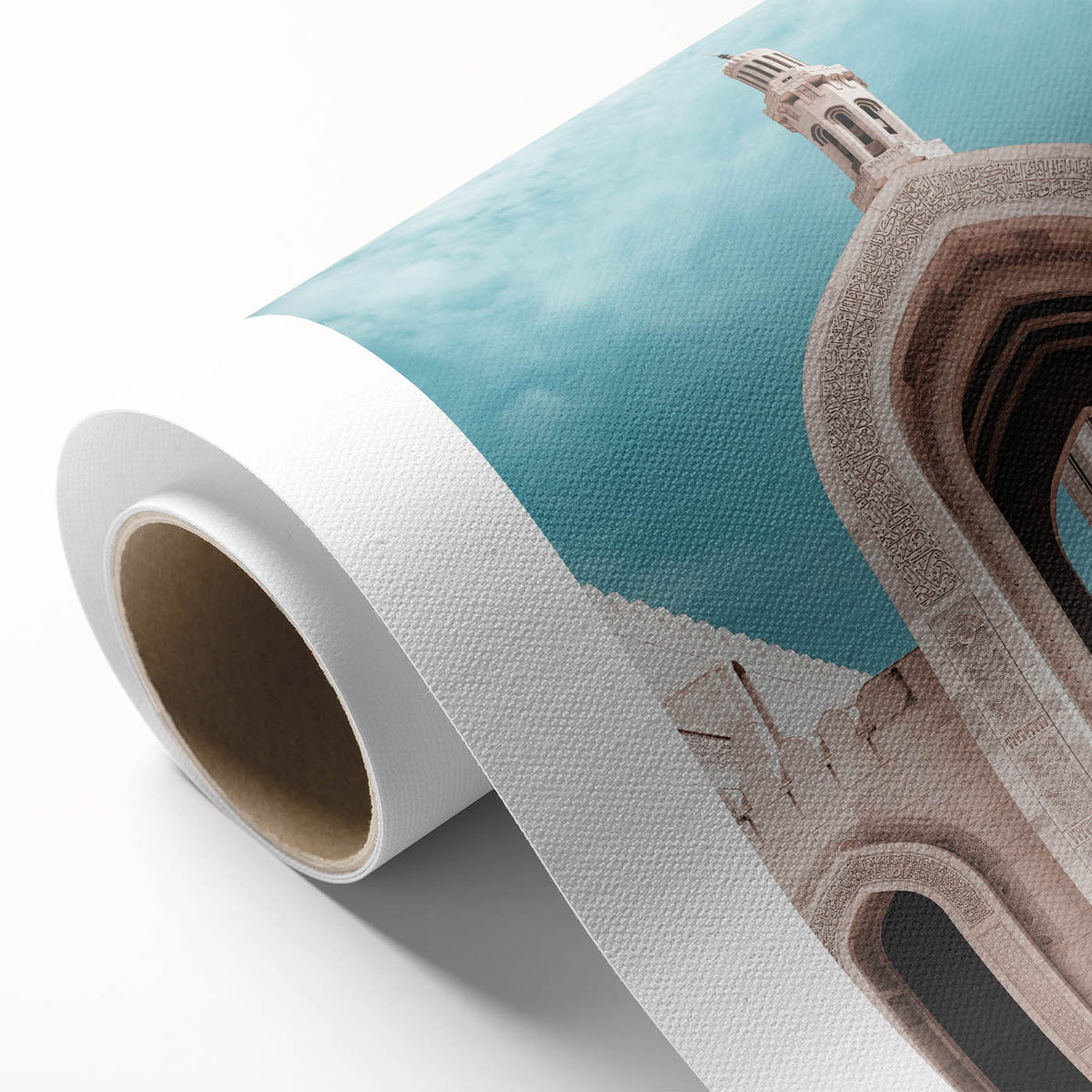 Art deco poster of an Omani landscape in muted earth tones on rolled canvas.