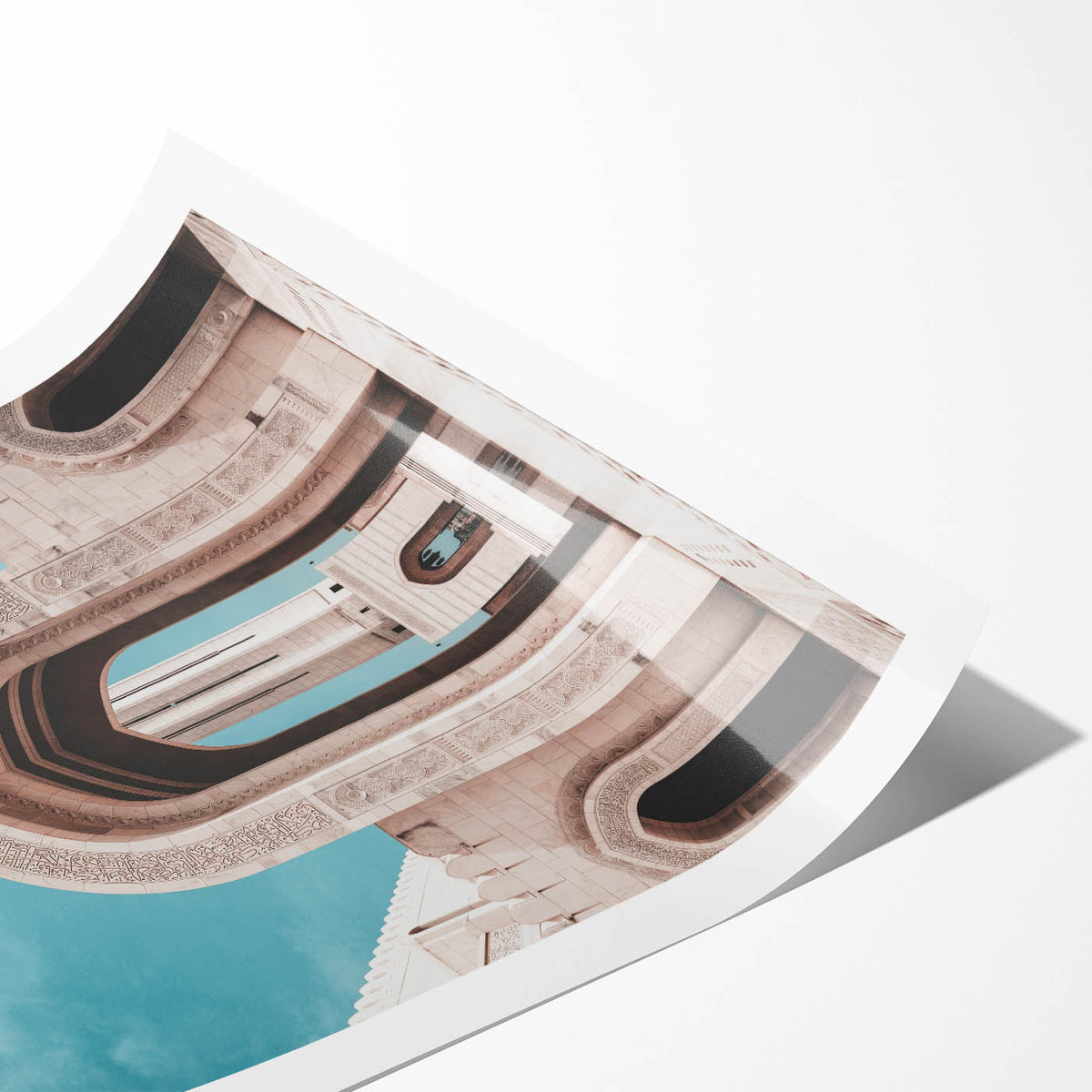 Extra large rolled print featuring line art flowers and Middle Eastern scenery in muted earthy tones.