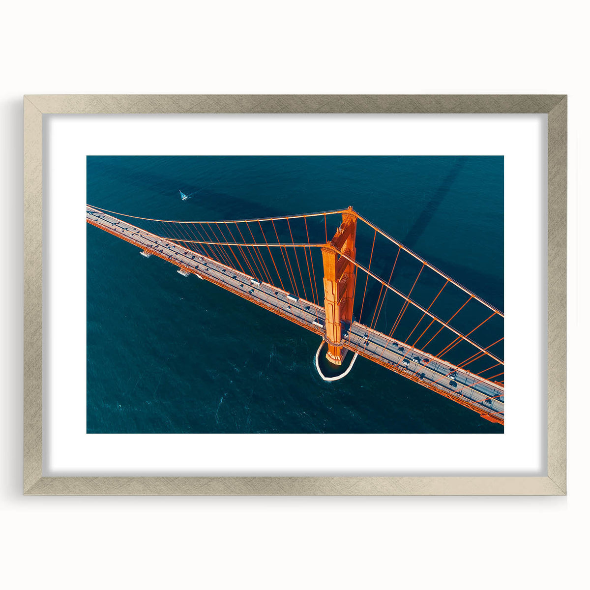 Textured art print of San Francisco skyline in muted gray tones on a framed silver mat, suitable for bedroom decor.