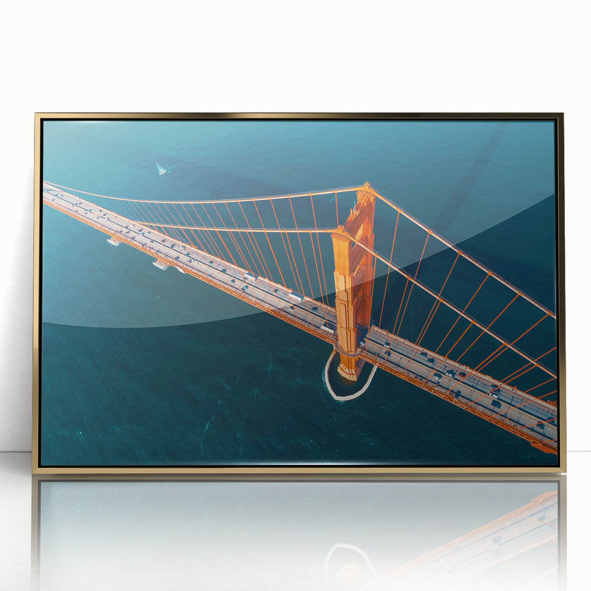 Acrylic print of San Francisco skyline in gold tones, ideal for modern art wall decor.