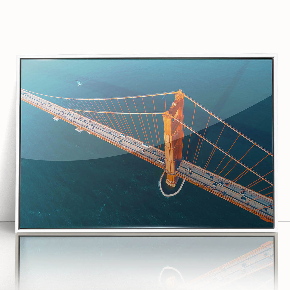 Art Deco poster of San Francisco skyline in muted blue tones on framed acrylic, ideal for modern art wall decor.