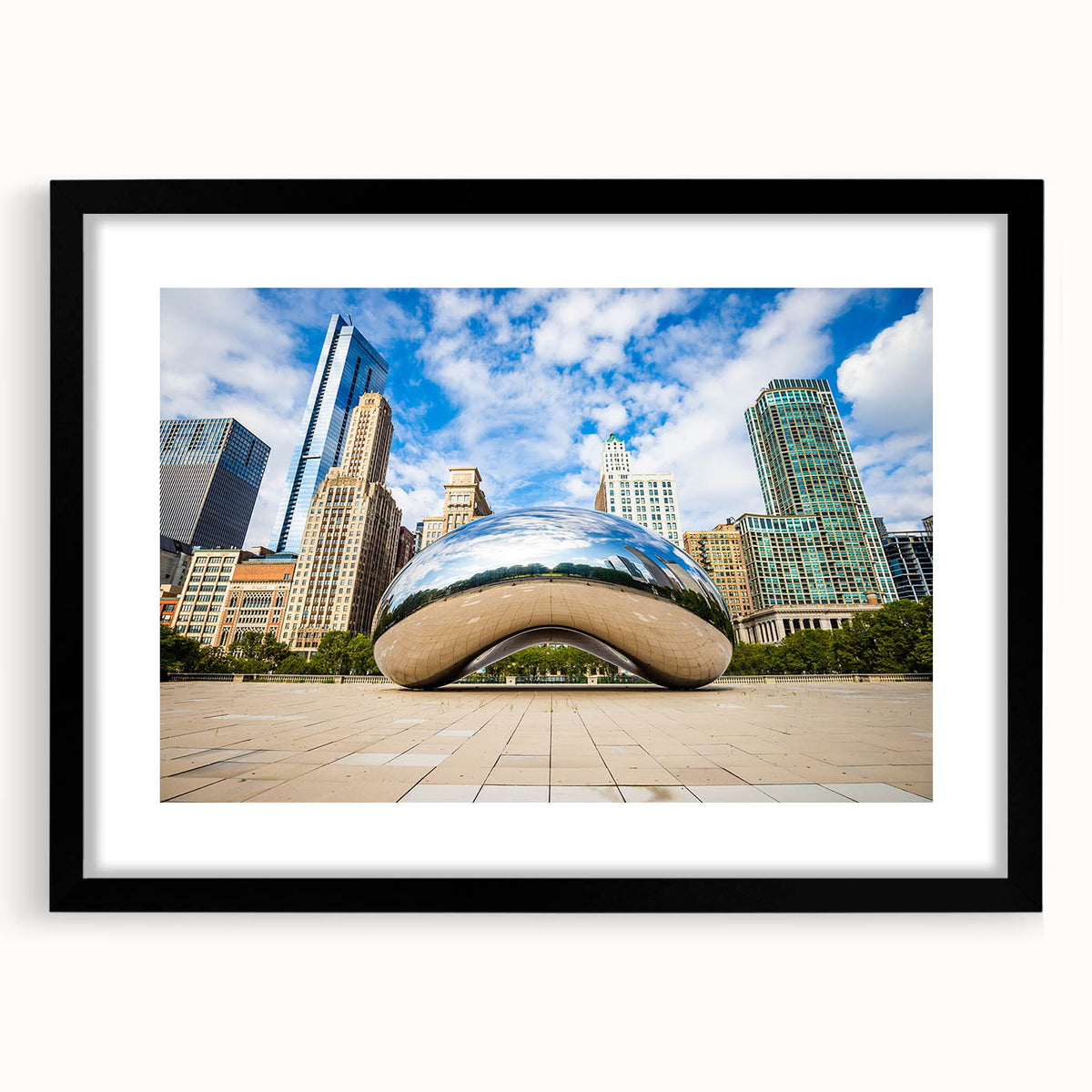 Extra large abstract art print of Chicago skyline in vibrant colors on a textured canvas, ideal for living room decor.