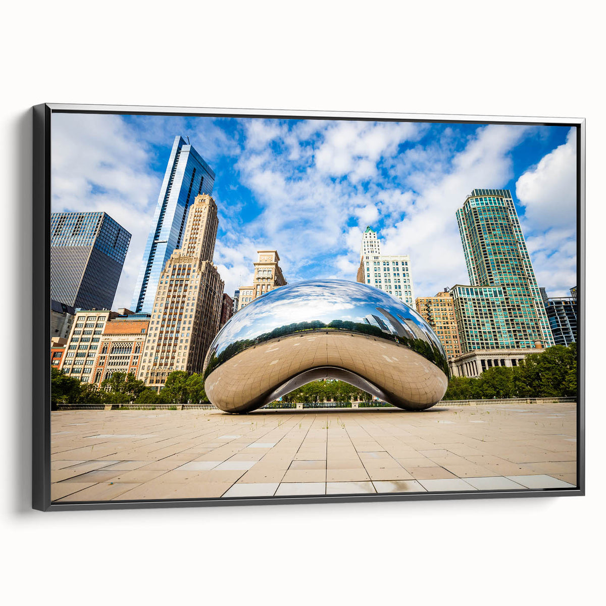Black and white wall art depicting the Chicago skyline on a framed canvas, ideal for bedroom decor.