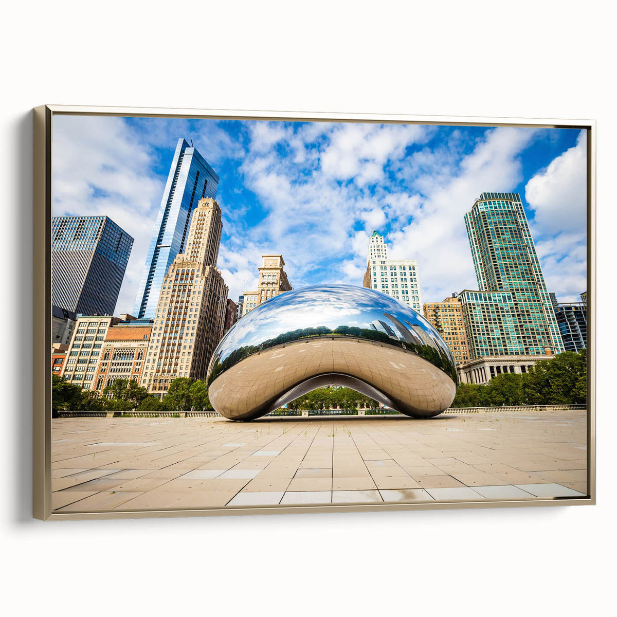 Framed canvas of Chicago skyline with gold accents, in muted colors, ideal for bedroom wall art.