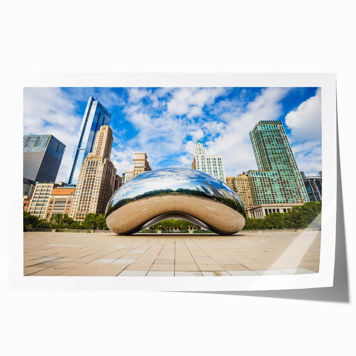 Extra large rolled print of a Chicago skyline with muted blue and gray tones, ideal for art wall dining room.