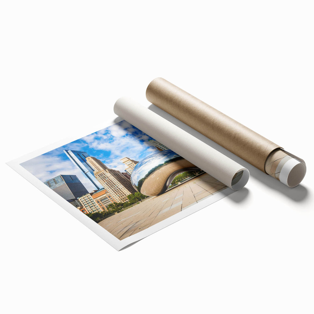 Large rolled print of Chicago skyline in muted gray tones, suitable as classy bathroom wall art.