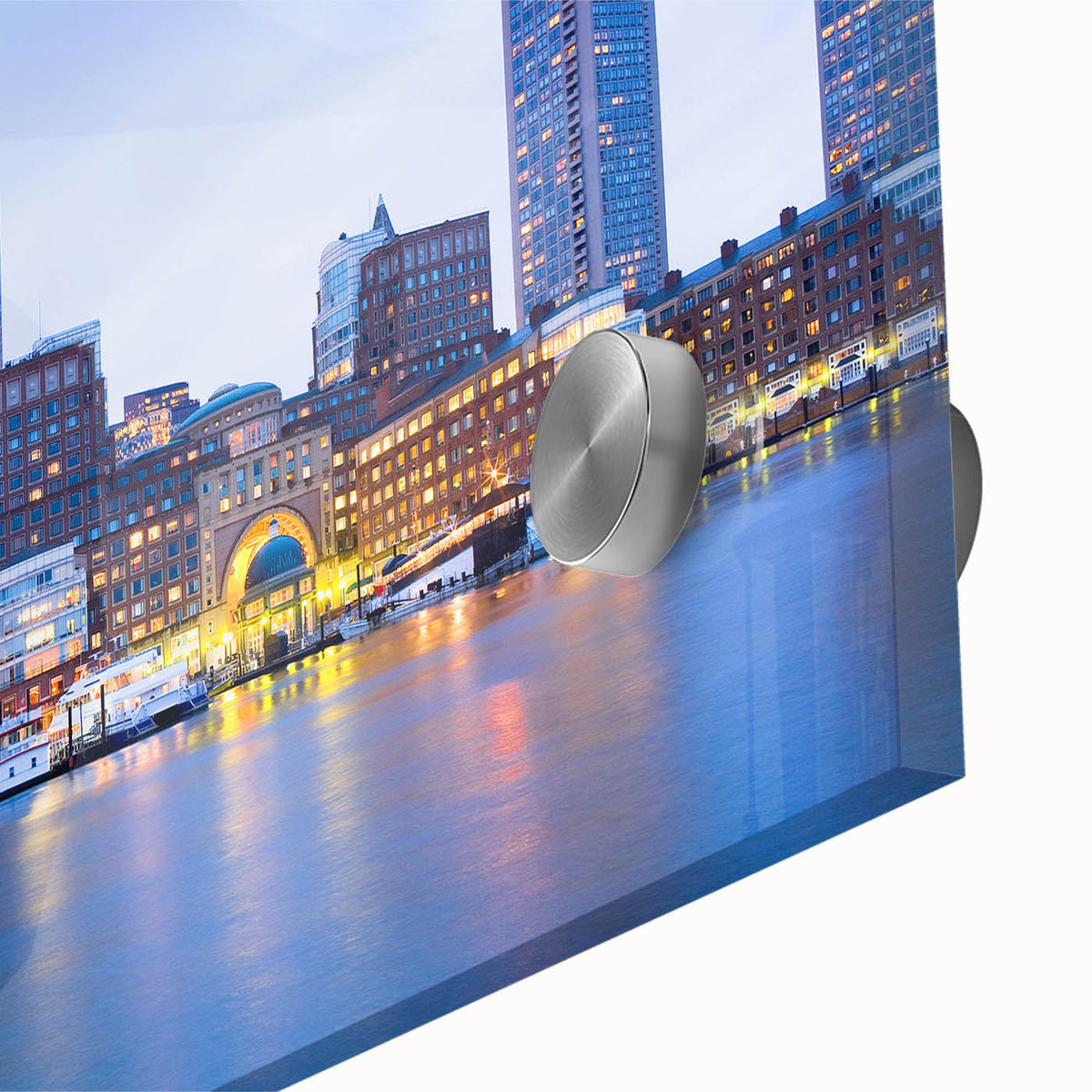 Large abstract depiction of Boston skyline in muted blues and grays on acrylic glass, ideal for dining room art.