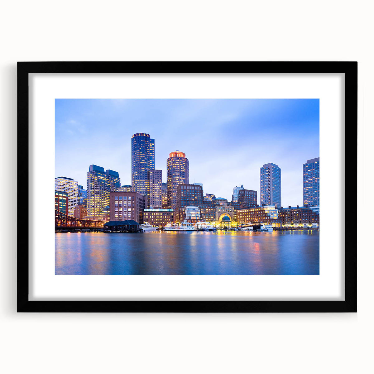 Extra large abstract art print of colorful, textured Boston skyline, in a black frame, ideal for living room decor.
