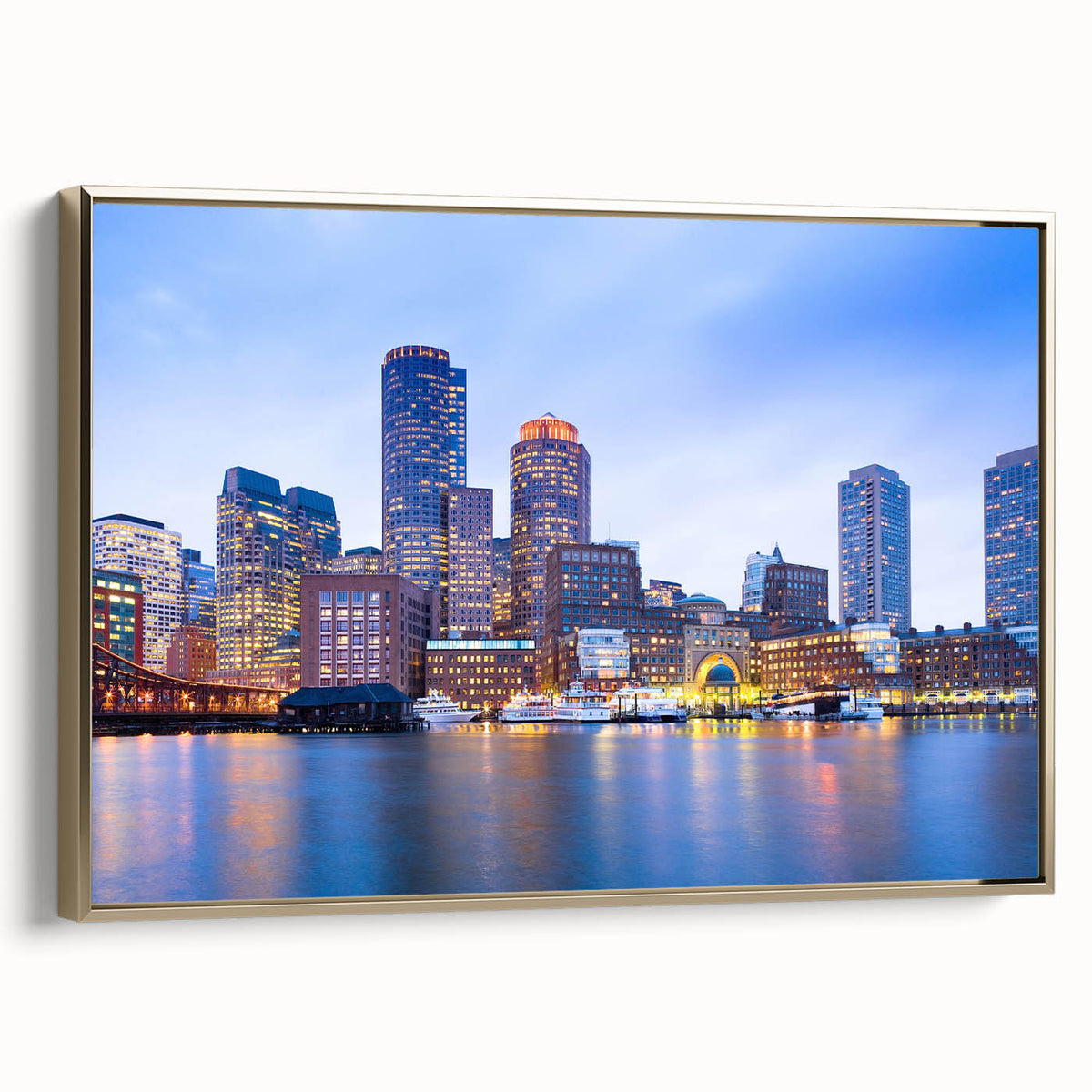 Framed canvas wall art featuring a vintage-style landscape painting of Boston in black and gold tones.