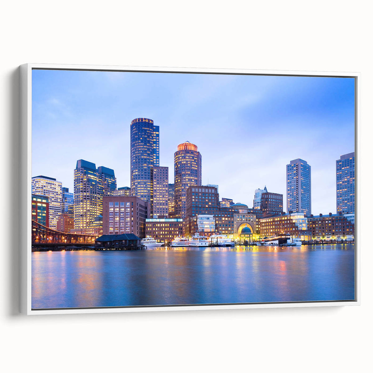 Vintage poster art of Boston skyline in vibrant colors on a large framed canvas, ideal for living room decor.