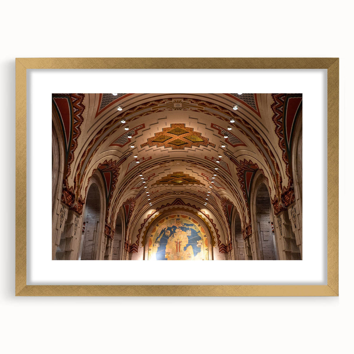 Extra large abstract art print of Detroit skyline in textured gold frame, ideal for living room decor.