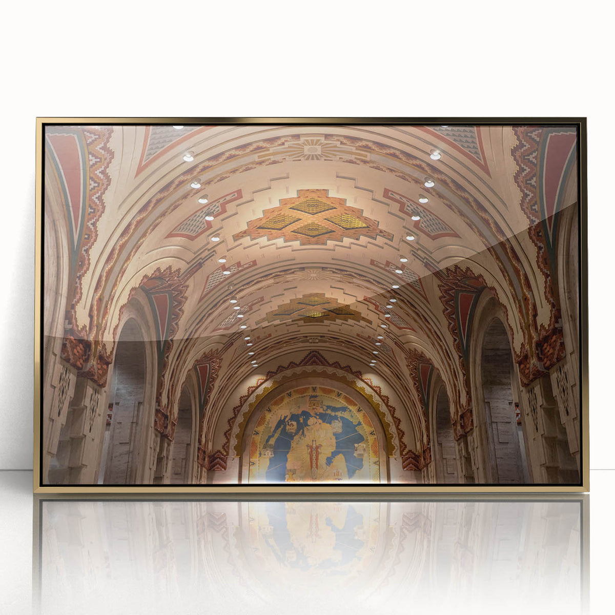 Framed acrylic print of Detroit skyline in gold and black tones, suitable for modern art wall decor.