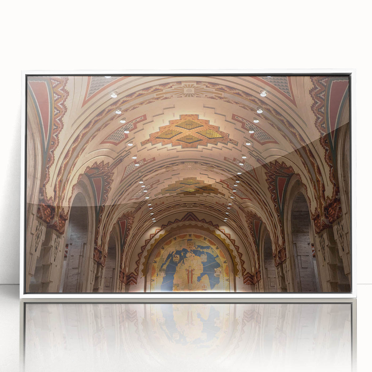 Art deco poster of Detroit skyline in muted gray and white tones on framed acrylic, ideal for modern art wall decor.