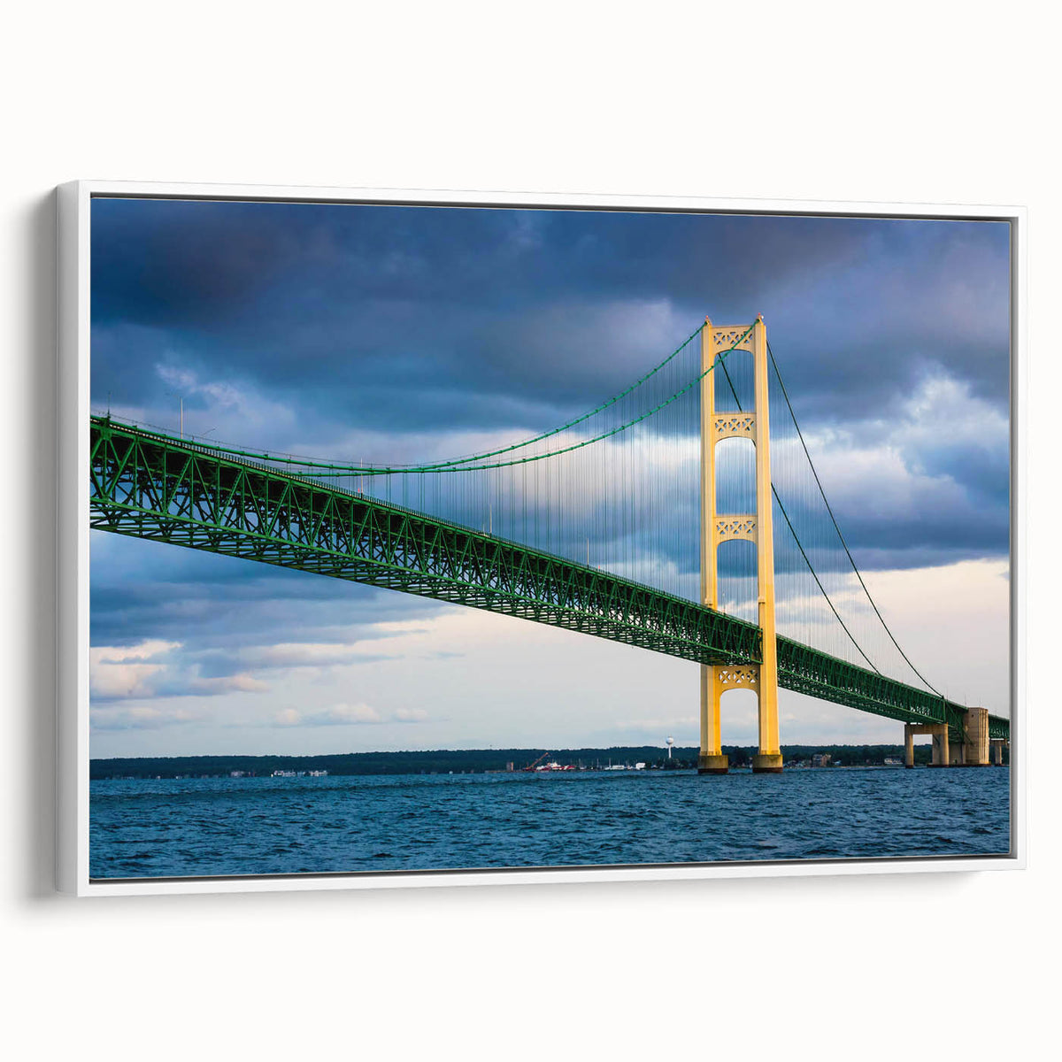 Framed canvas of vintage poster art depicting Michigan's Upper Peninsula, featuring a vibrant color palette.