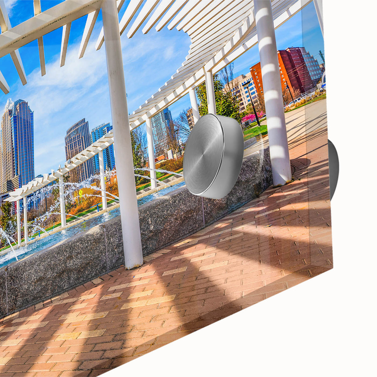 Large abstract wall art of Charlotte skyline in muted blue tones on acrylic glass, suitable for dining room ambiance.