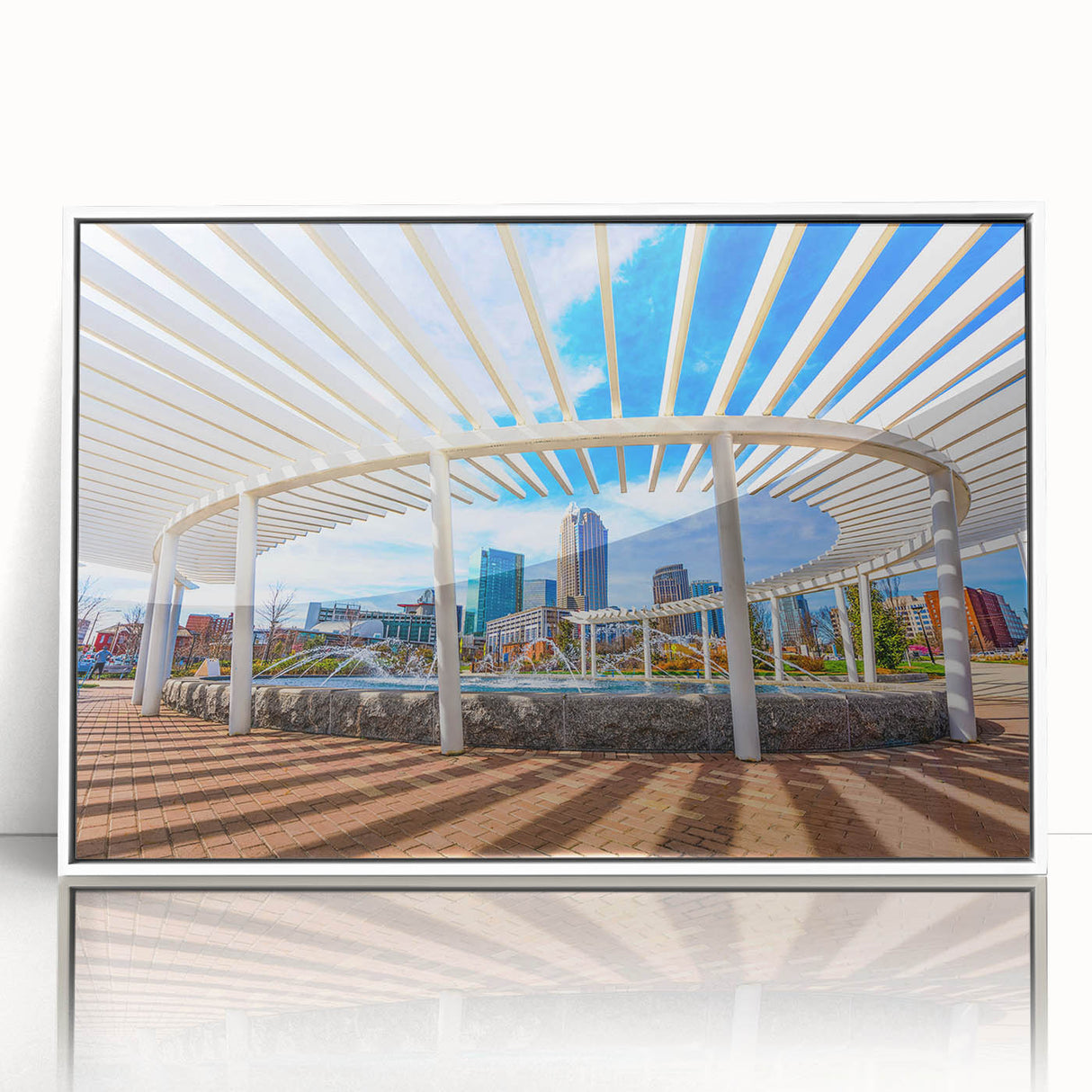 Acrylic print of Charlotte, North Carolina skyline in muted gray and blue tones, ideal for modern art wall decor.