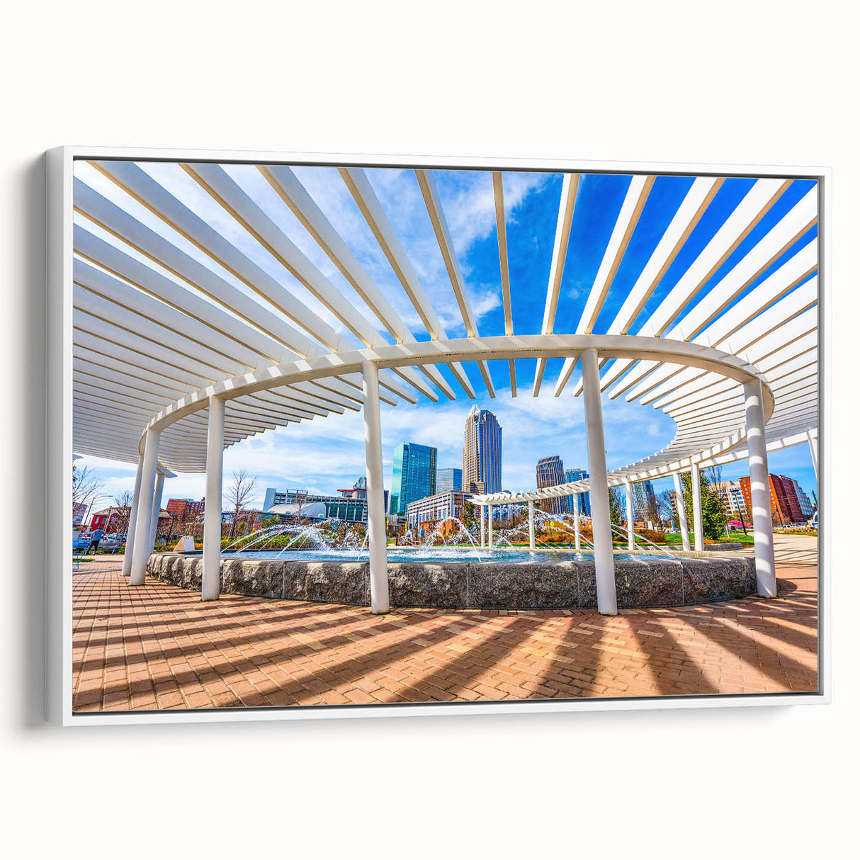 Vintage poster art of Charlotte skyline in vibrant colors on a large framed canvas, ideal for living room decor.