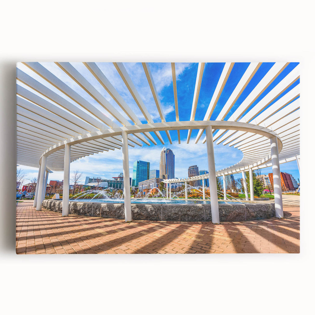 Black and white stretched canvas of the Charlotte skyline, ideal for kitchen wall art.