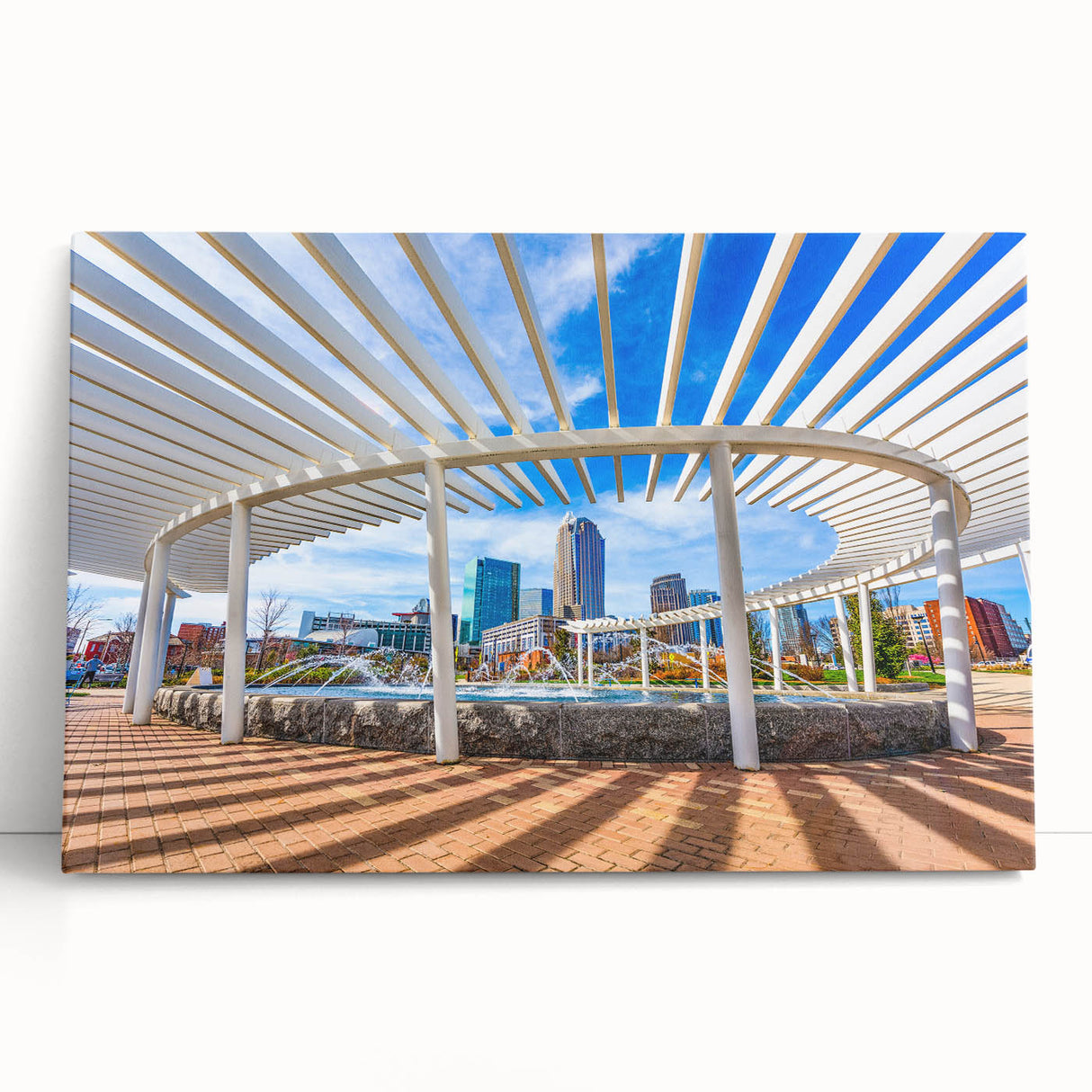 Black and white stretched canvas depicting the Charlotte skyline, ideal for kitchen wall art.